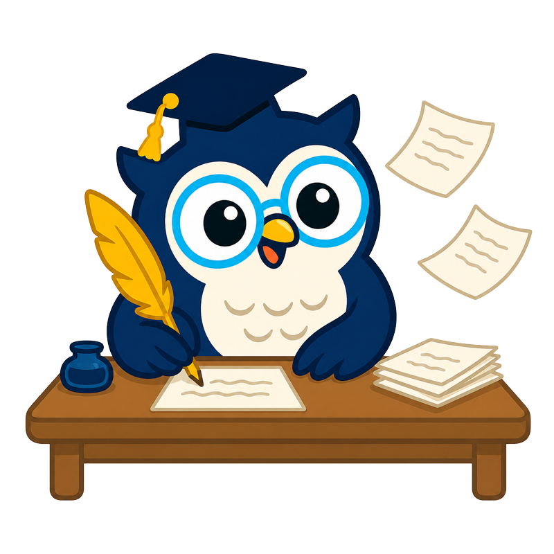 WP SEO Agent owl mascot writing with a quill at a desk