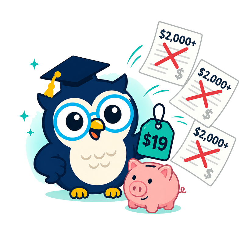 WP SEO Agent owl mascot holding a small price tag while expensive invoices fall away