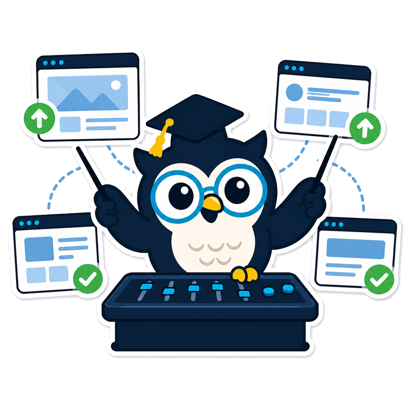 WP SEO Agent owl mascot managing several website screens from one control desk