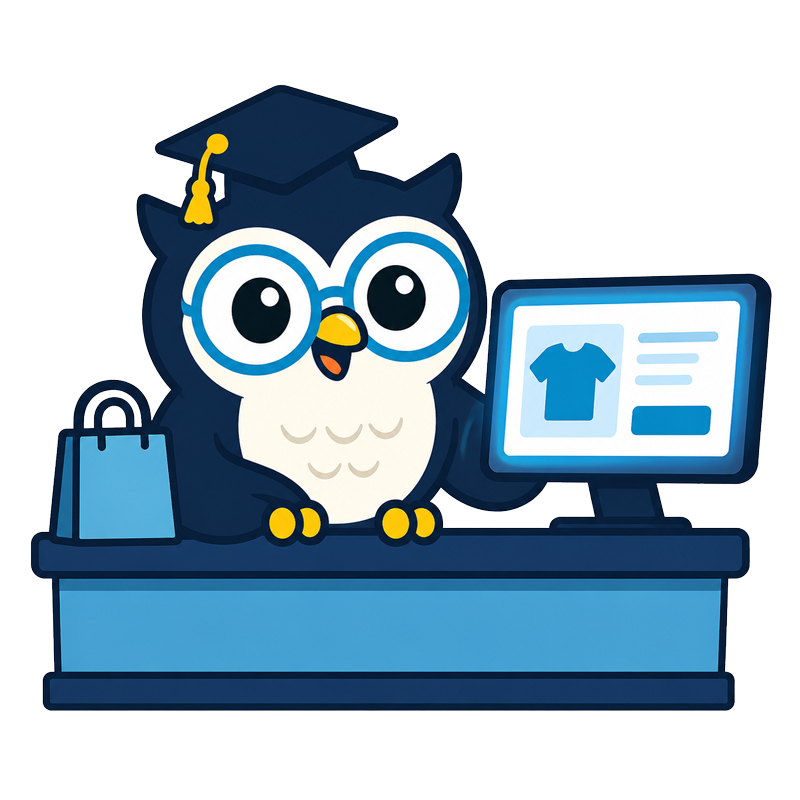 WP SEO Agent owl mascot standing behind an online store counter with a shopping bag